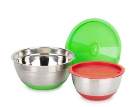 Миска нерж. (набор 2шт) 1,5л+2,4л силикон. крышка и дно, цвет микс