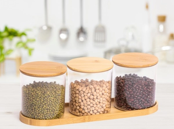 Набор емкостей для сыпучих прод. пластм. 3х 0,7л "Бамбук" на подставке фото 1