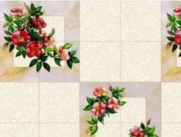 Клеёнка на ткан.основе КОЛОРИТ "Шиповник на кафеле" на бежевом шир.1,25м фото 1