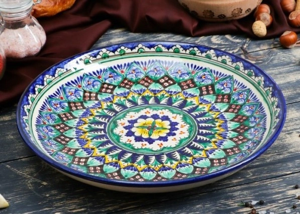 Блюдо керам. "Ляган" d280мм, рисунки -"микс" "Риштанская керамика" фото 1